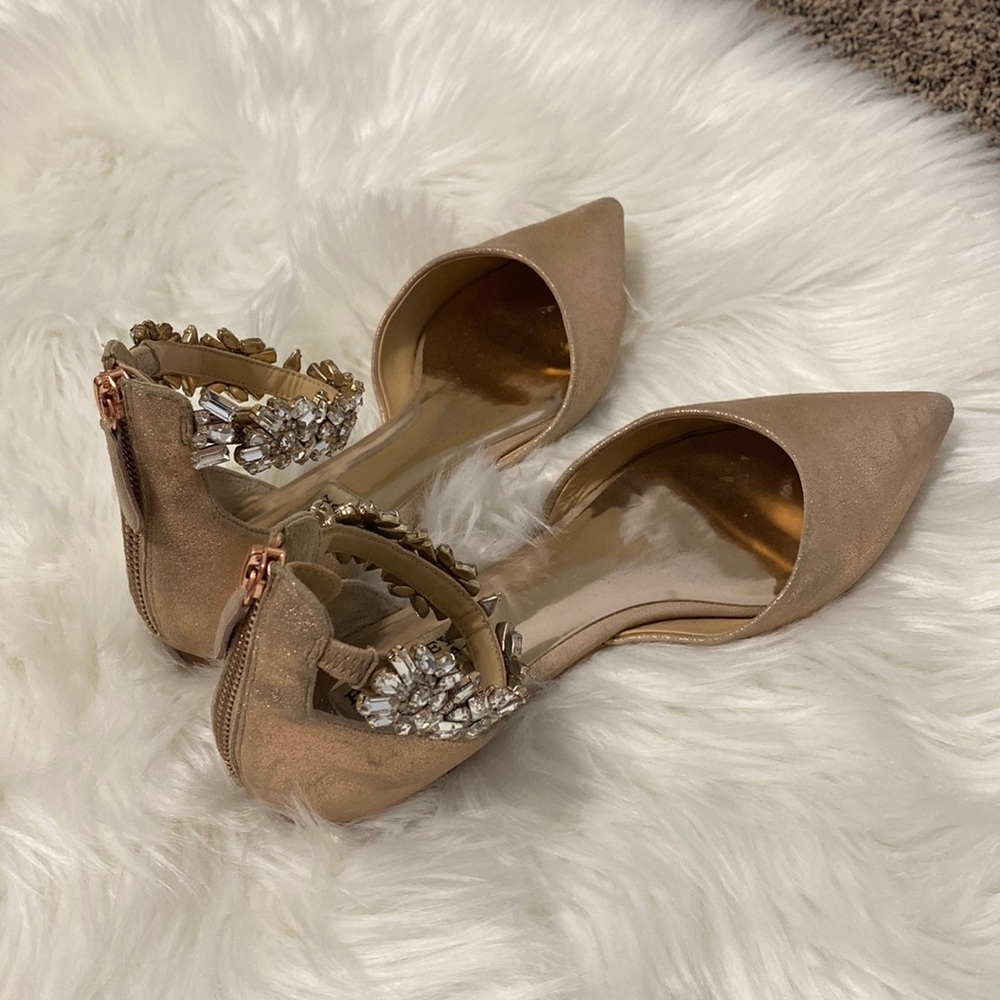 Badgley Mishka sparkly beige pointed toe flats bejeweled on strap!